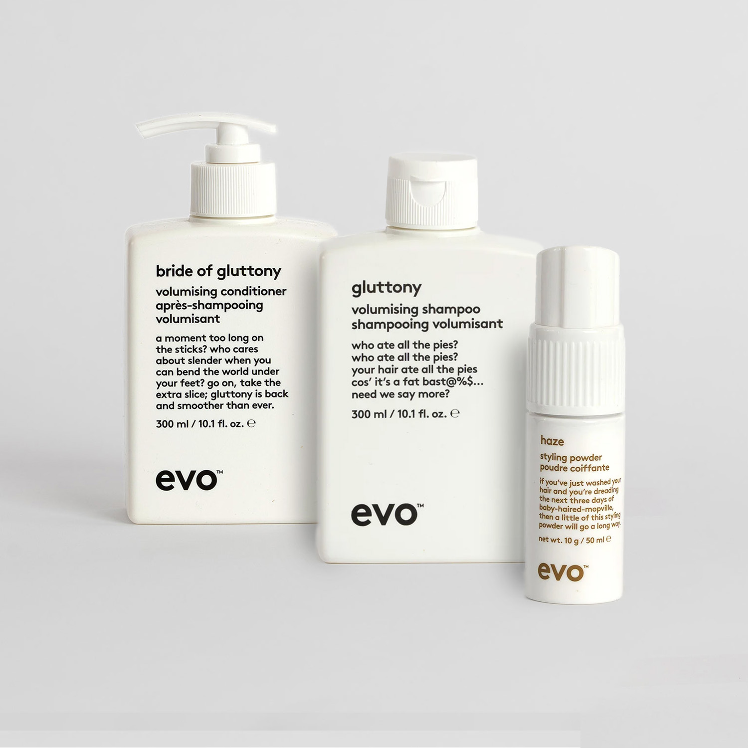 Apimties suteikiantis Evo plaukų priežiūros rinkinys: šampūnas, kondicionierius ir formavimo pudra