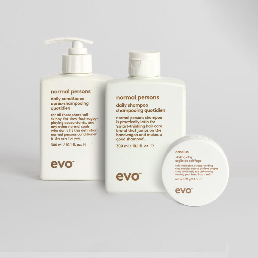 Evo rinkinys kasdienei plaukų priežiūrai ir formavimui: šampūnas, kondicionierius ir plaukų formavimo molis