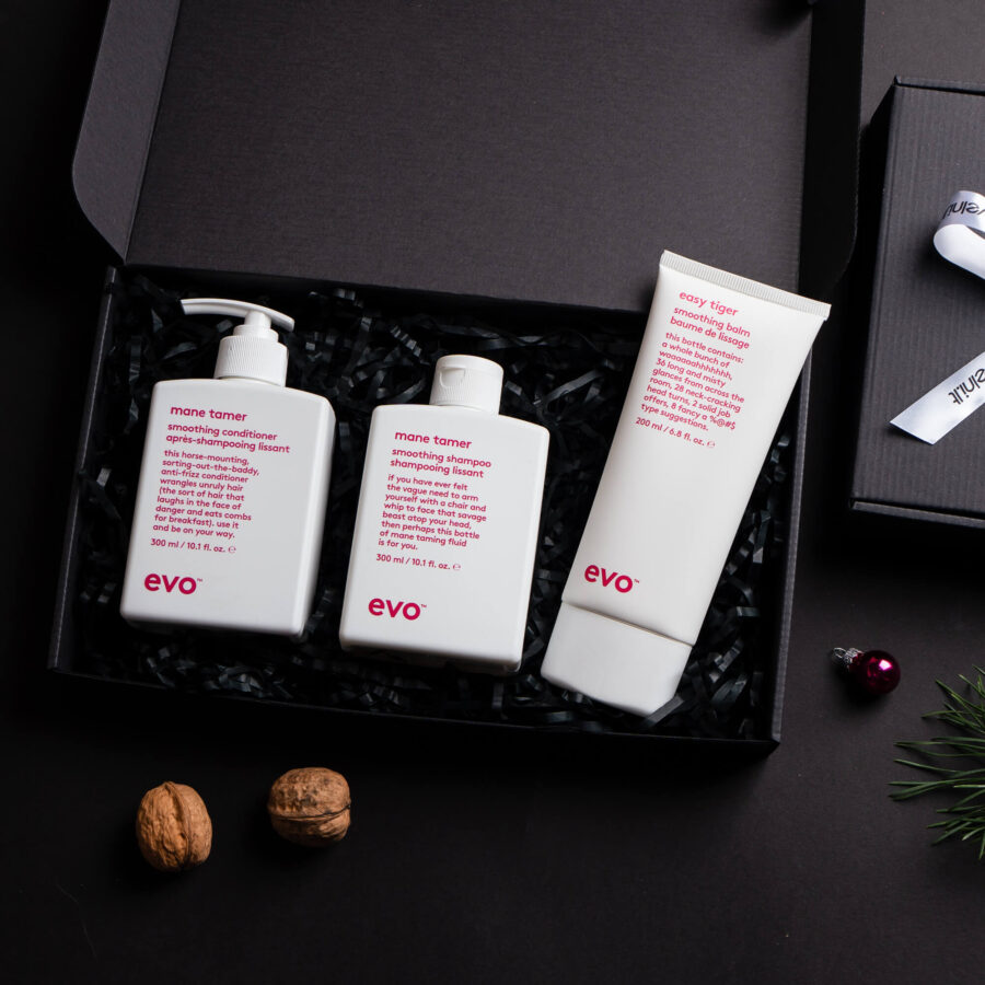 Glotninantis Evo plaukų priežiūros rinkinys: šampūnas, kondicionierius ir glotninamasis kremas