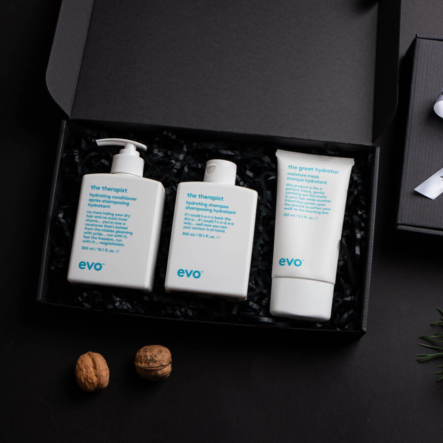 Intensyviai drėkinantis Evo plaukų priežiūros rinkinys: šampūnas, kondicionierius ir plaukų kaukė