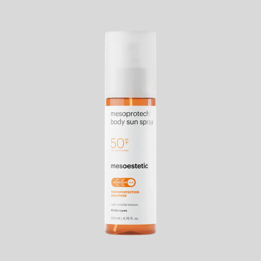 Mesoestetic Mesoprotech Body Sun Spray SPF50+ apsauginė kūno dulksna nuo saulės, 200 ml