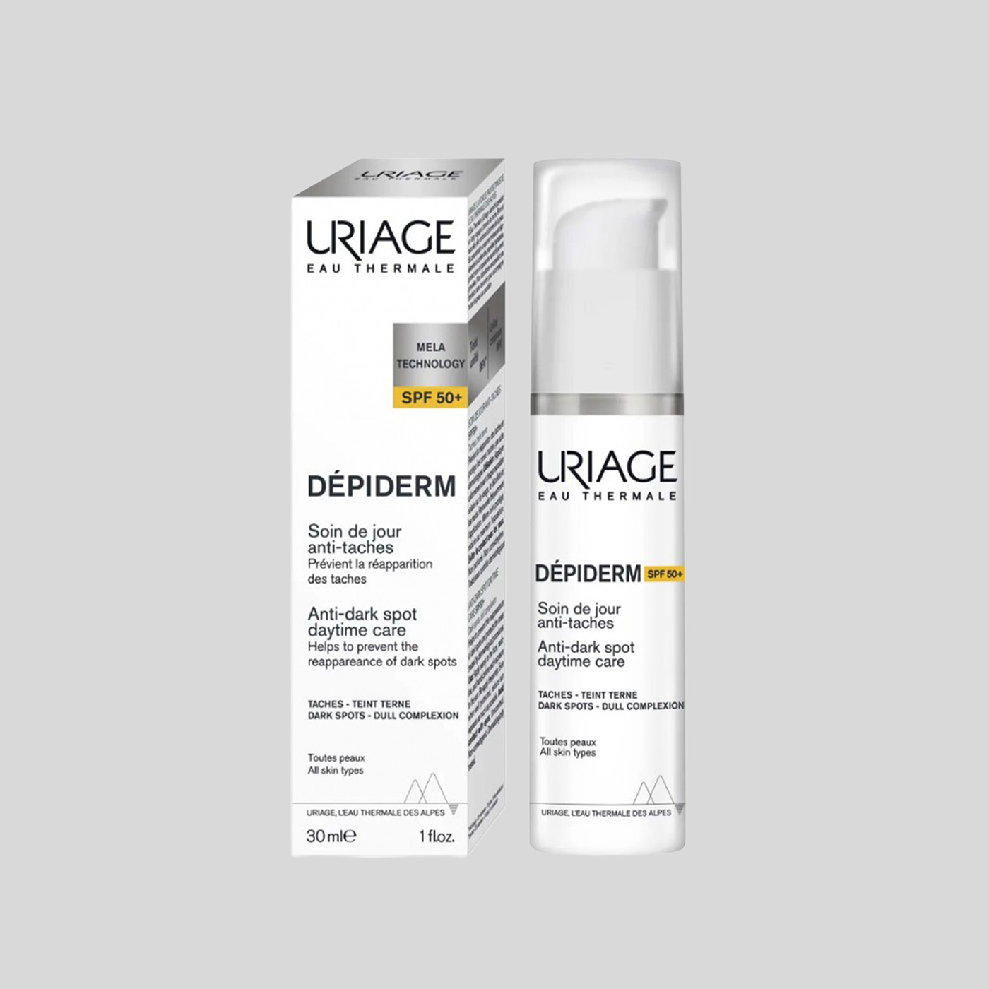 Uriage Dépiderm dieninis veido kremas nuo pigmentinių dėmių SPF50+, 30 ml